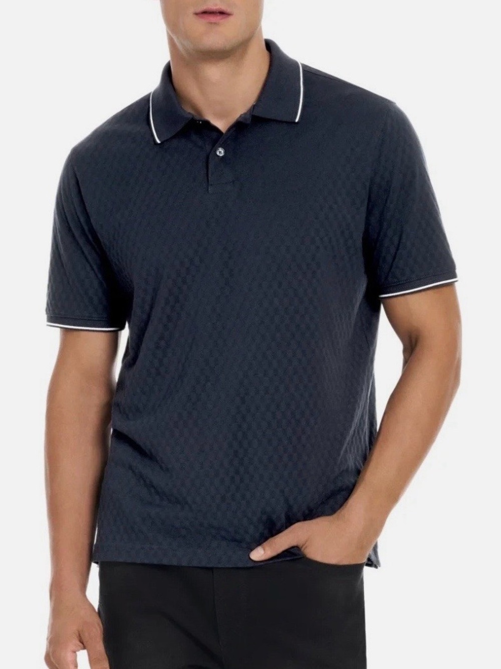 NEW Ted Baker Men's MShort Sleeve Polo Shirt Navy Blue Cotton Pattern SZ L,M
